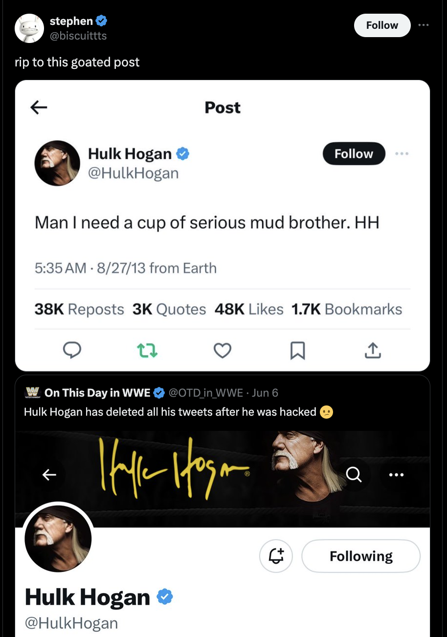 screenshot - stephen rip to this goated post Post Hulk Hogan Hogan Man I need a cup of serious mud brother. Hh 82713 from Earth 38K Reposts 3K Quotes 48K Bookmarks 1 W On This Day in Wwe Gotd in Wwe Jun 6 Hulk Hogan has deleted all his tweets after he was